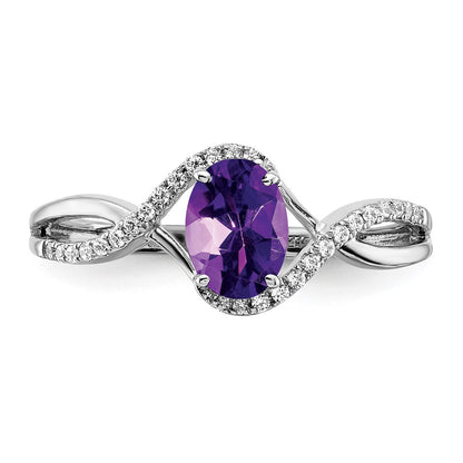 Solid 14k White Gold Oval Simulated Amethyst and CZ Twist Ring