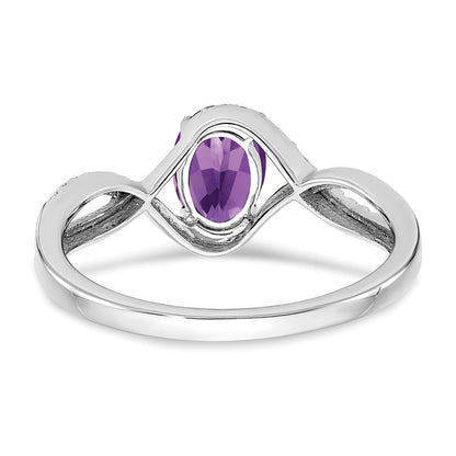 Solid 14k White Gold Oval Simulated Amethyst and CZ Twist Ring