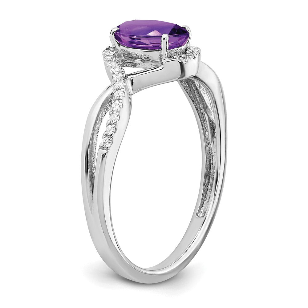 Solid 14k White Gold Oval Simulated Amethyst and CZ Twist Ring
