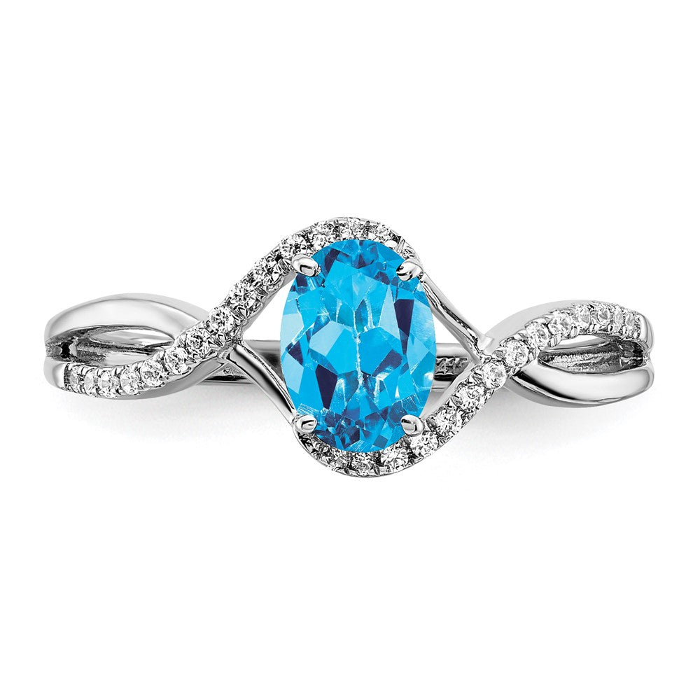 14k White Gold Oval Blue Topaz and Real Diamond Twist Ring