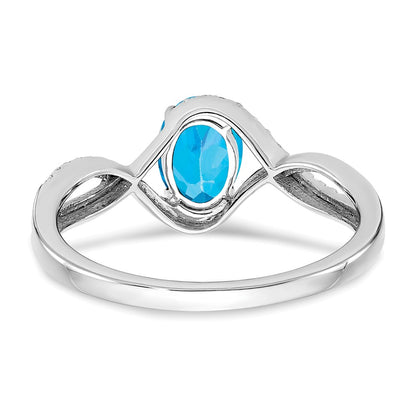 14k White Gold Oval Blue Topaz and Real Diamond Twist Ring