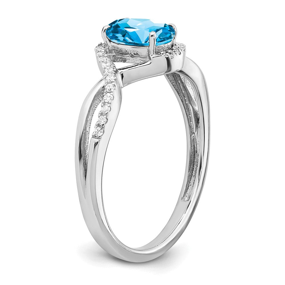 14k White Gold Oval Blue Topaz and Real Diamond Twist Ring