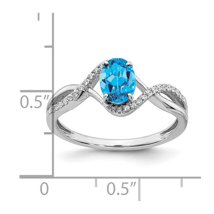 14k White Gold Oval Blue Topaz and Real Diamond Twist Ring