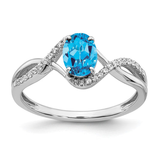 Solid 14k White Gold Oval Simulated Blue Topaz and CZ Twist Ring