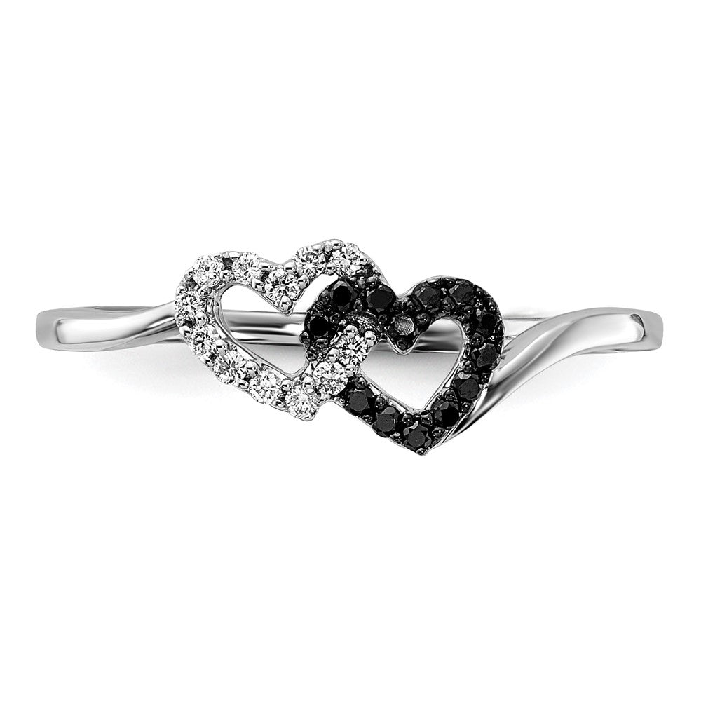 14k White Gold Black and White Real Diamond Double Heart Ring