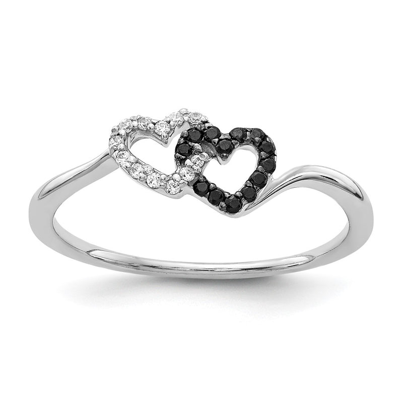 14k White Gold Black and White Real Diamond Double Heart Ring