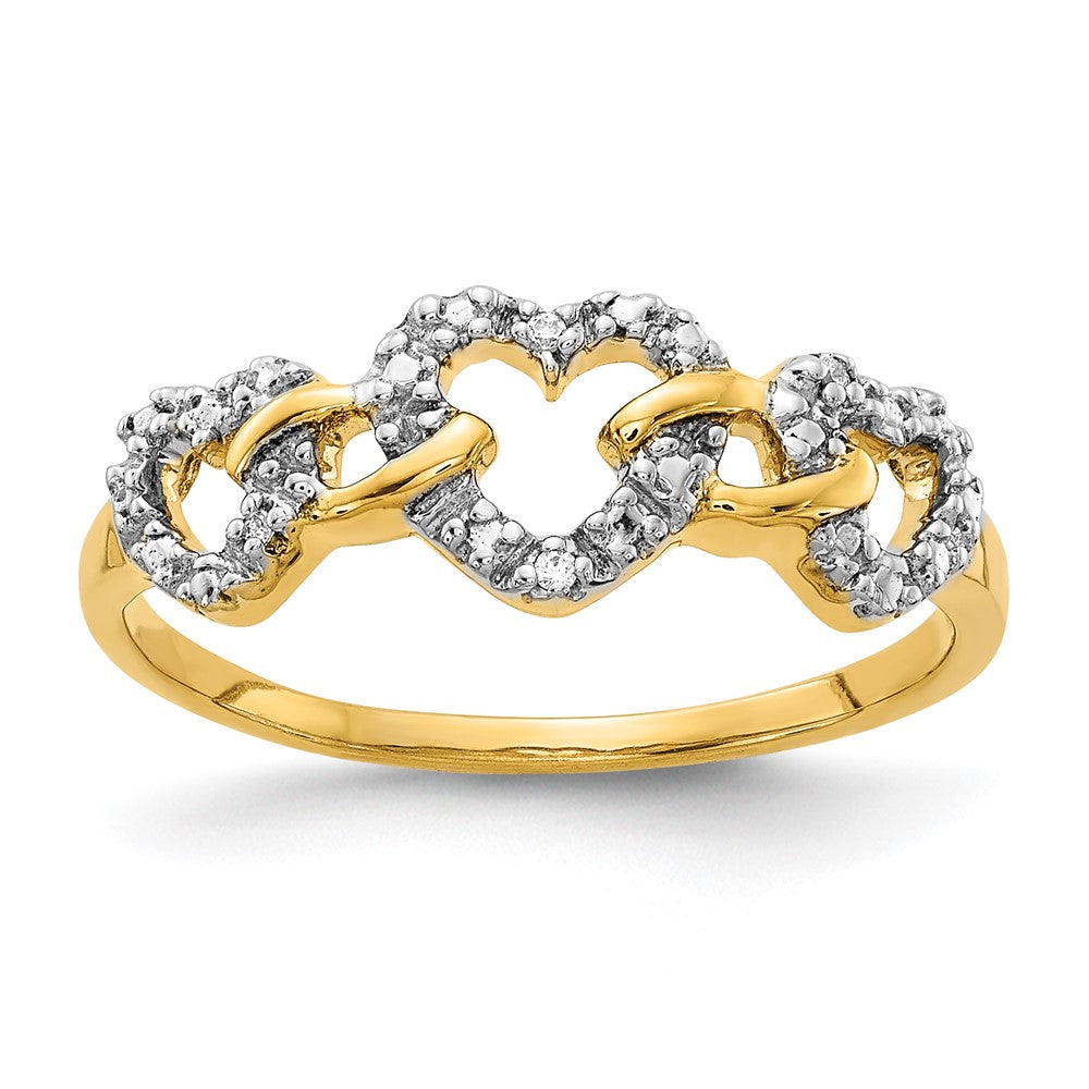 14K Yellow Gold Real Diamond Triple Heart Ring