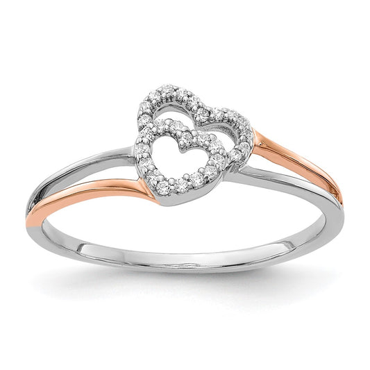 14k White and Rose Gold Real Diamond Polished Double Heart Ring