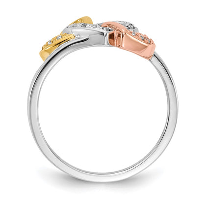 14k Tri-color Gold Real Diamond Triple Heart Ring