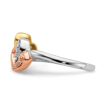 14k Tri-color Gold Real Diamond Triple Heart Ring
