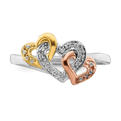14k Tri-color Gold Real Diamond Triple Heart Ring
