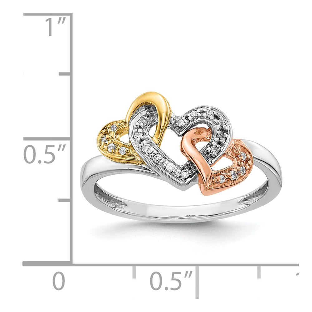 14k Tri-color Gold Real Diamond Triple Heart Ring