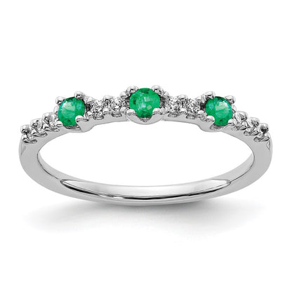 14k White Gold Real Diamond and Emerald 3-Stone Ring