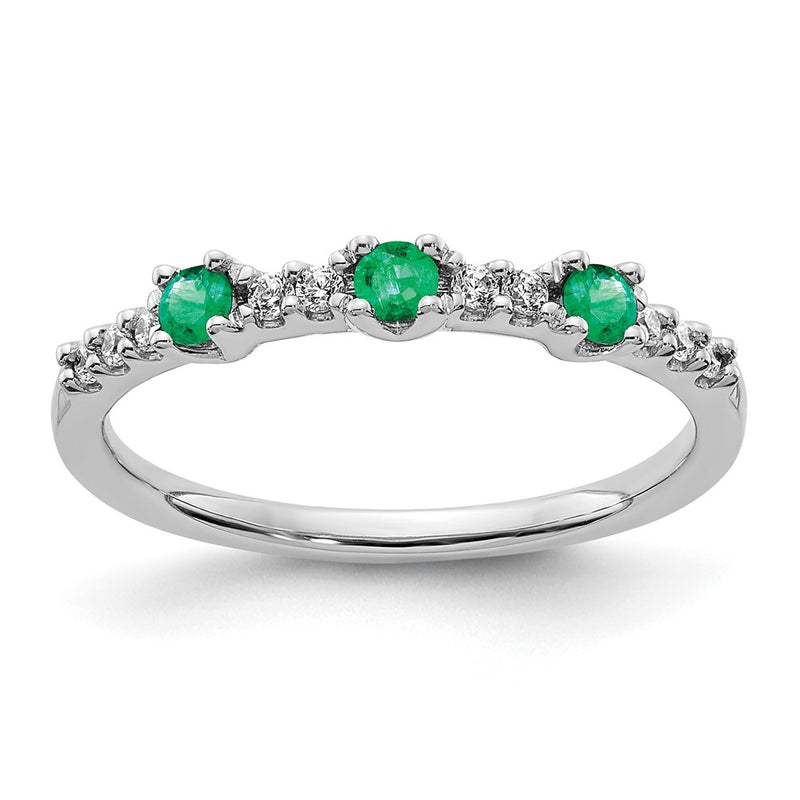 14k White Gold Real Diamond and Emerald 3-Stone Ring
