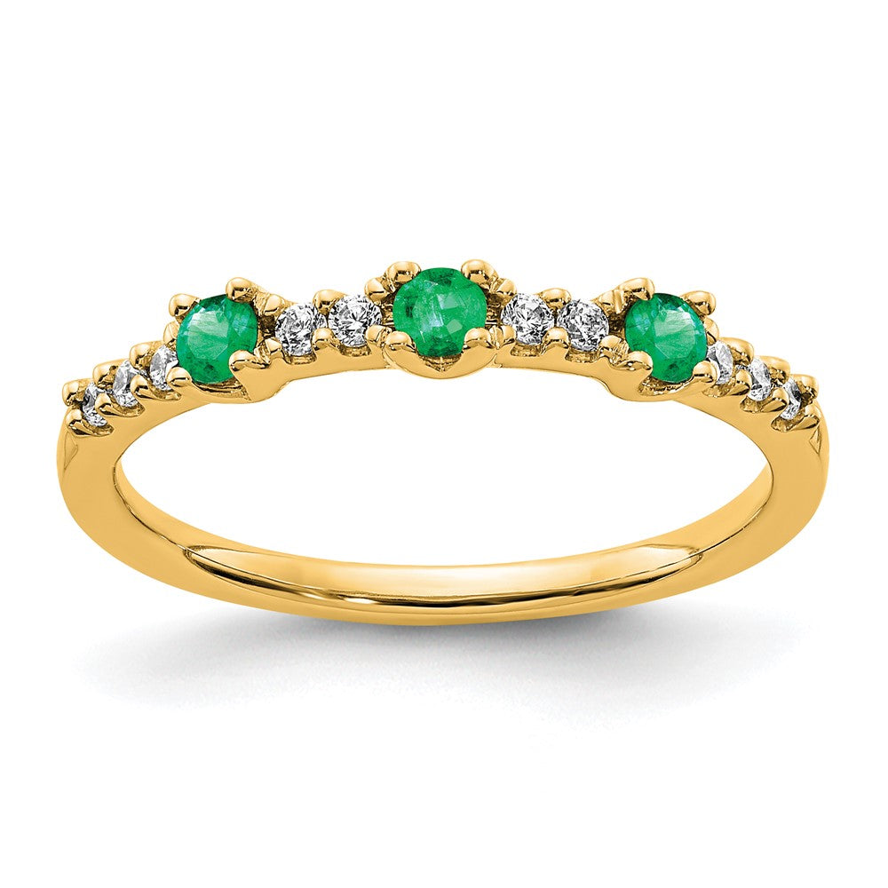 14K Yellow Gold Real Diamond and Emerald 3-Stone Ring