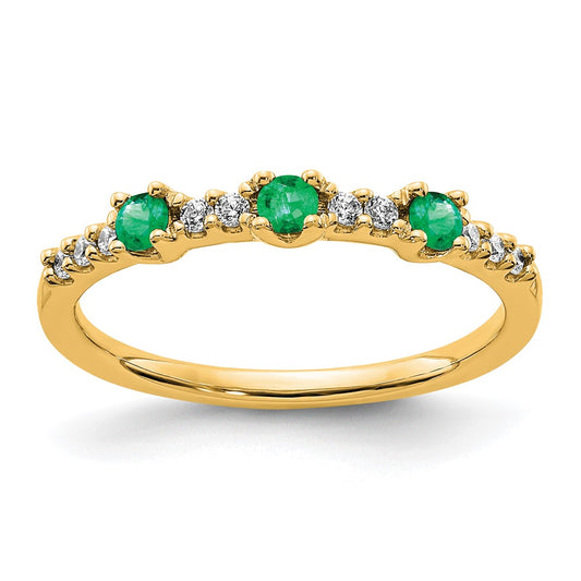 14K Yellow Gold Real Diamond and Emerald 3-Stone Ring