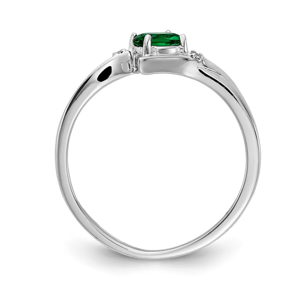 14K White Gold Polished Oval Real Diamond Emerald Bypass Ring