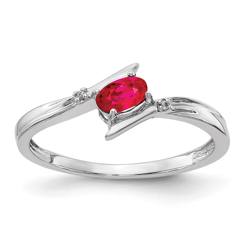 14K White Gold Polished Oval Real Diamond Ruby Bypass Ring