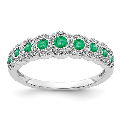 14k White Gold Real Diamond and Emerald Polished Ring
