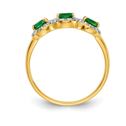 14K Yellow Gold Emerald and Real Diamond 3-Stone Ring