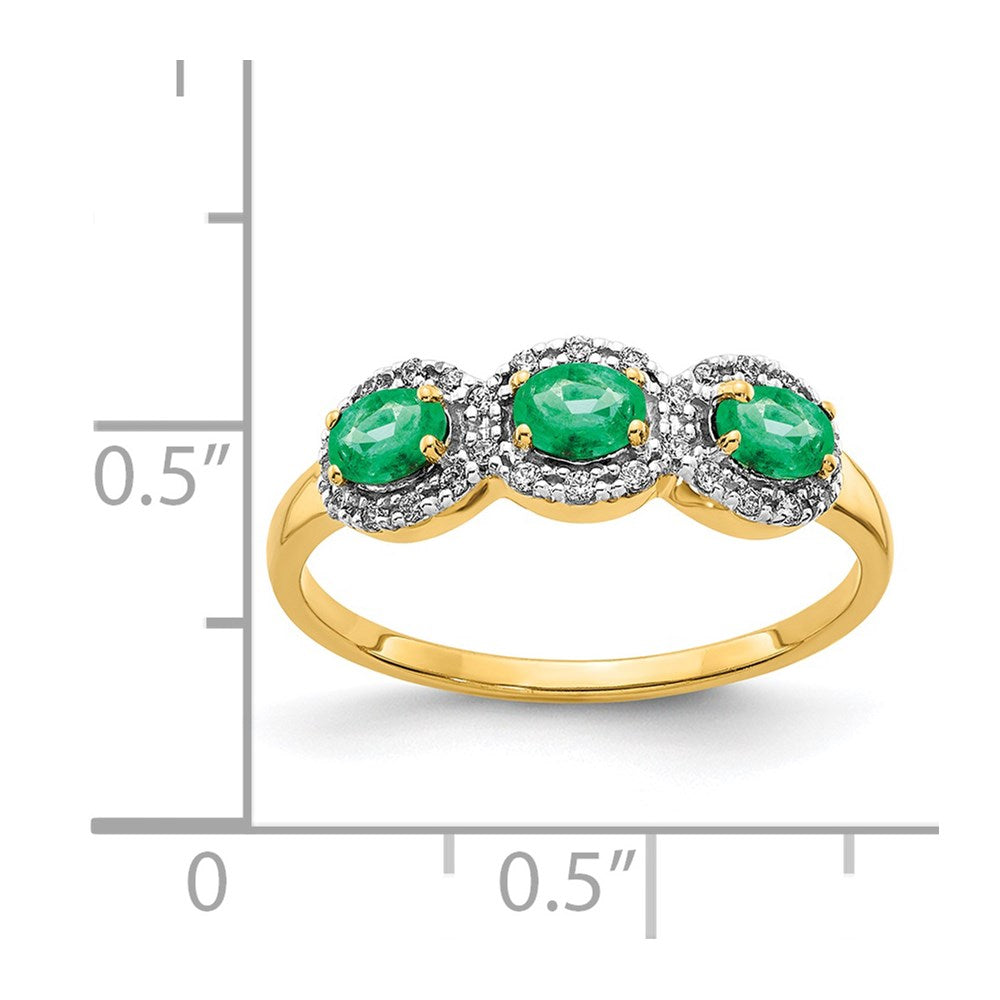 14K Yellow Gold Emerald and Real Diamond 3-Stone Ring