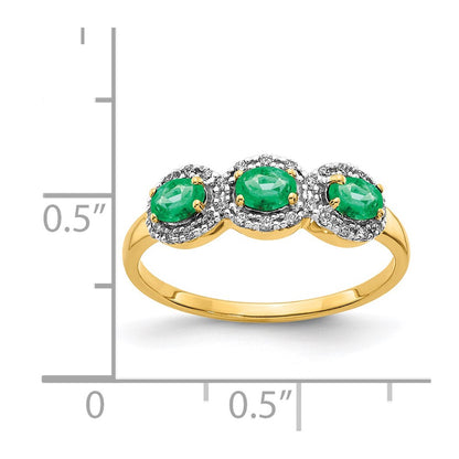 14K Yellow Gold Emerald and Real Diamond 3-Stone Ring