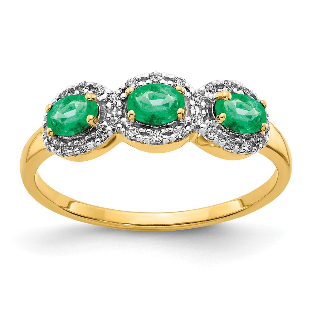 14K Yellow Gold Emerald and Real Diamond 3-Stone Ring