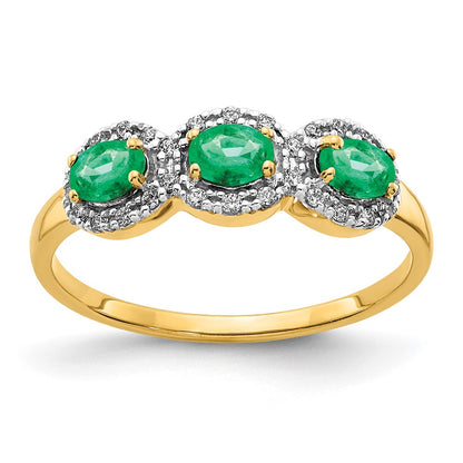 14K Yellow Gold Emerald and Real Diamond 3-Stone Ring
