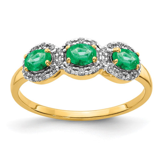 14K Yellow Gold Emerald and Real Diamond 3-Stone Ring