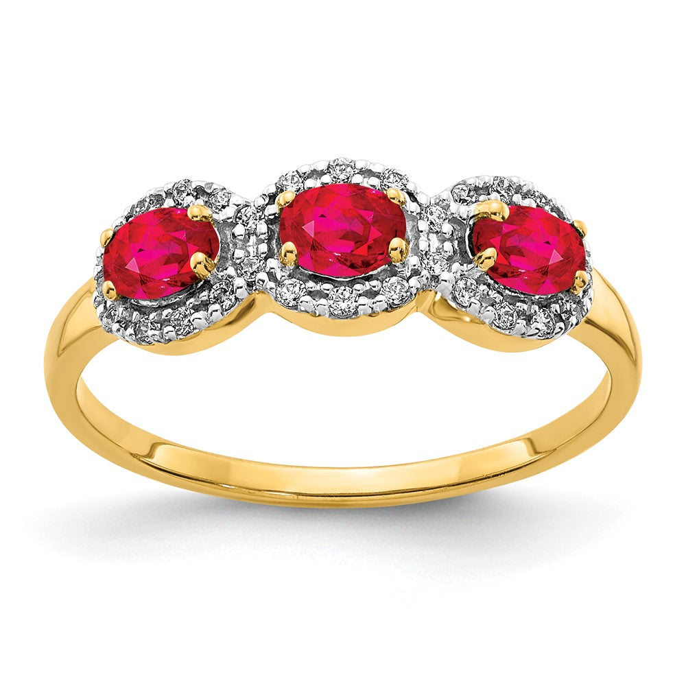 14K Yellow Gold Composite Ruby and Real Diamond 3-Stone Ring