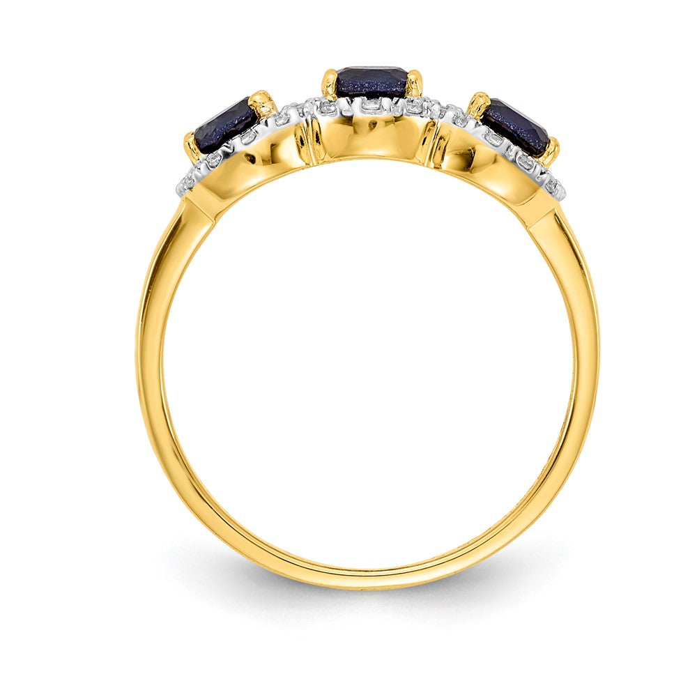 14K Yellow Gold Sapphire and Real Diamond 3-Stone Ring
