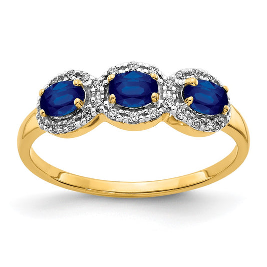 Solid 14k Yellow Gold Simulated Sapphire and CZ 3-Stone Ring
