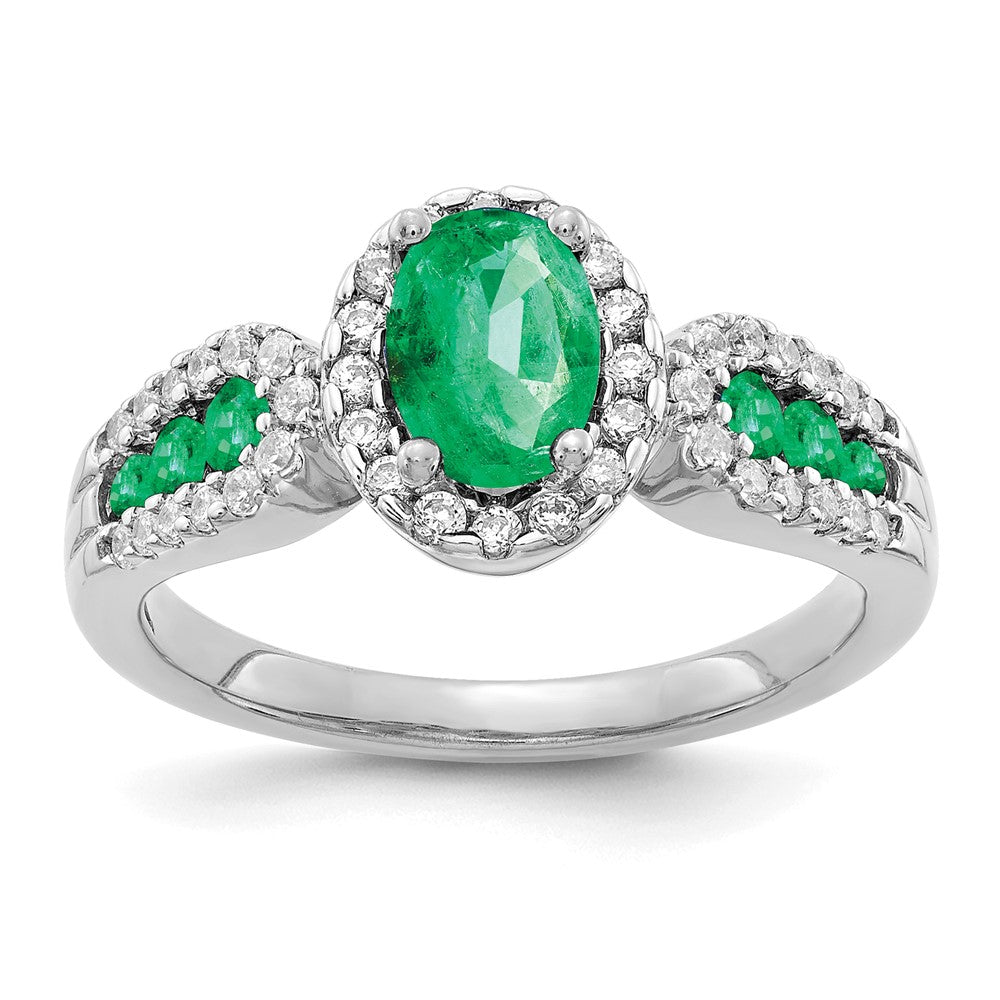 14k White Gold Real Diamond and Oval Emerald Ring