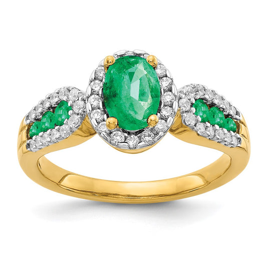 14K Yellow Gold Real Diamond and Oval Emerald Ring