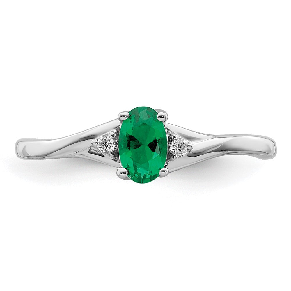 14k White Gold Real Diamond and Oval Emerald Ring