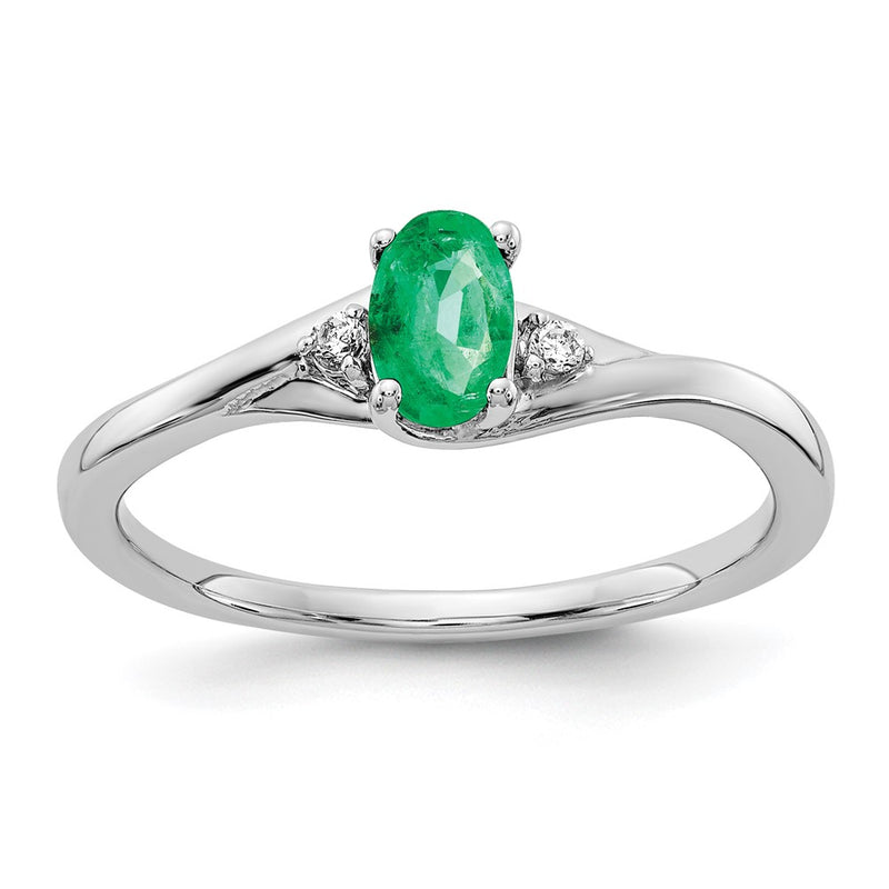 14k White Gold Real Diamond and Oval Emerald Ring