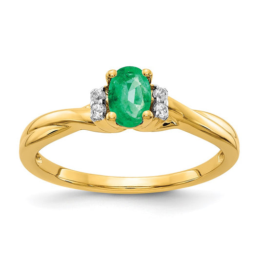 14K Yellow Gold Real Diamond and Oval Emerald Ring