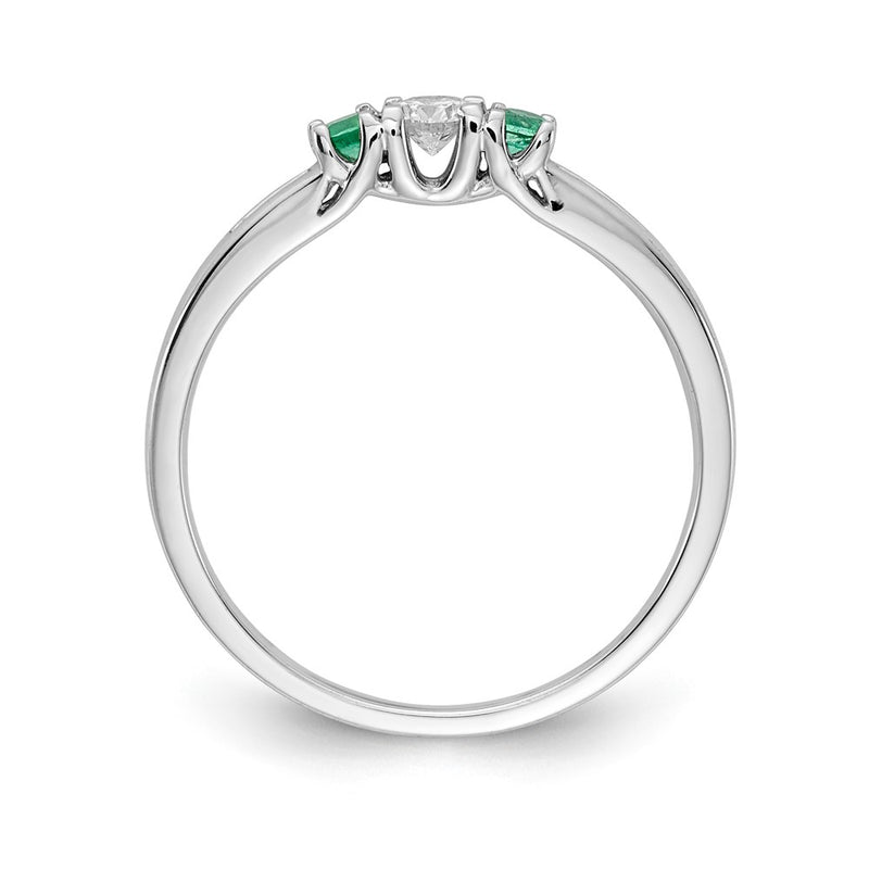 14k White Gold Real Diamond and Emerald 3-stone Ring