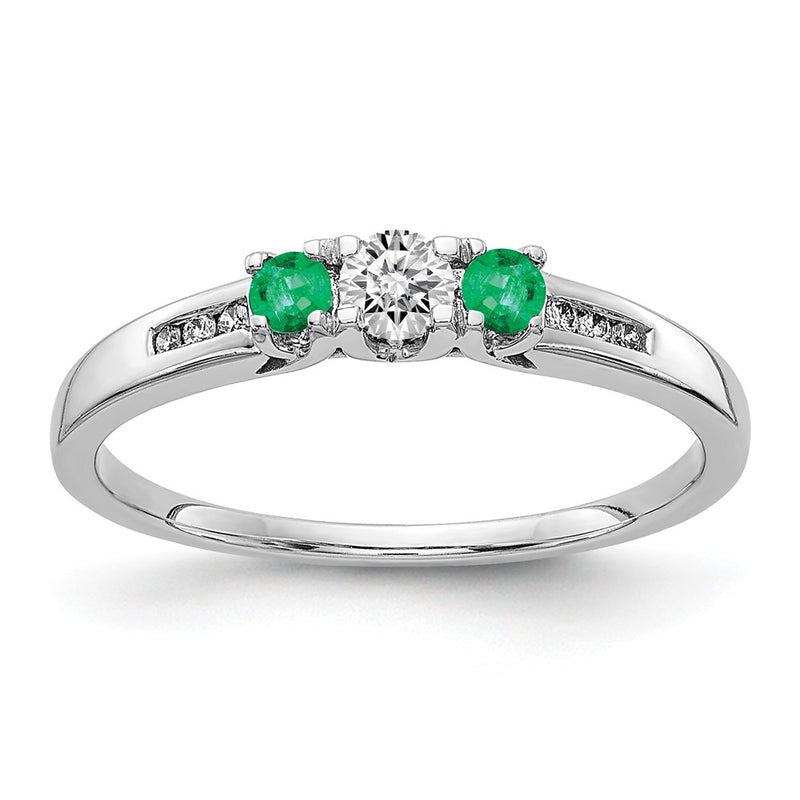 14k White Gold Real Diamond and Emerald 3-stone Ring