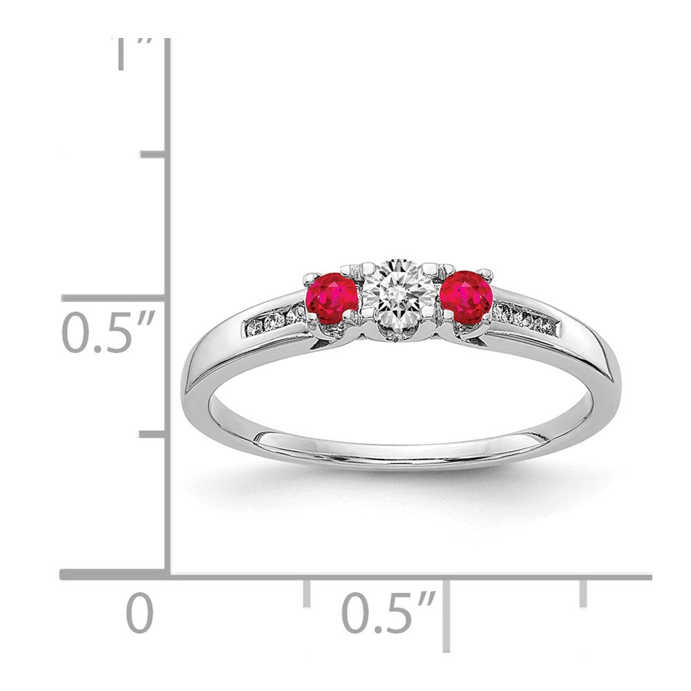 14k White Gold Real Diamond and Ruby 3-stone Ring