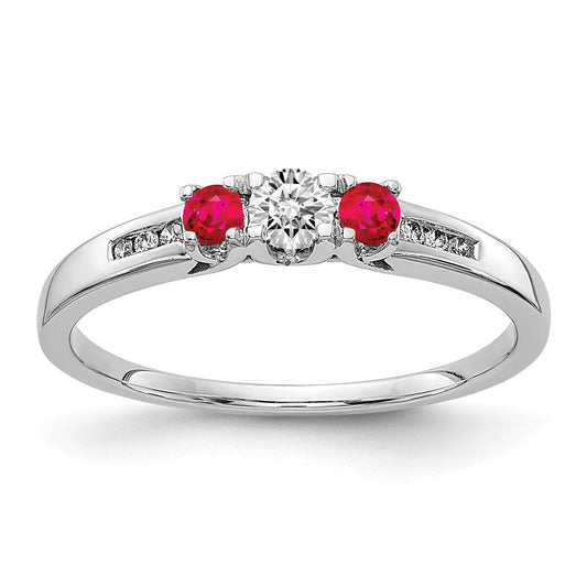 14k White Gold Real Diamond and Ruby 3-stone Ring