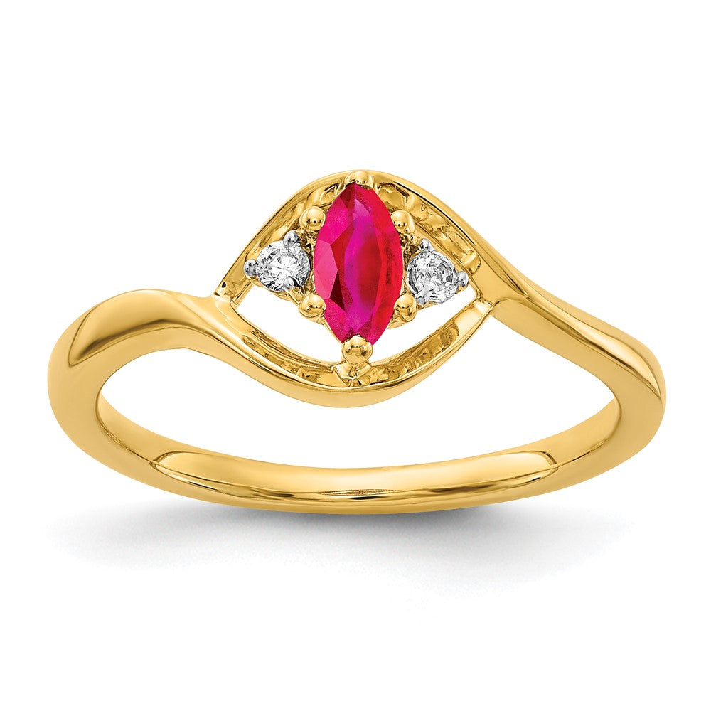 14K Yellow Gold Real Diamond and Marquise Ruby Ring
