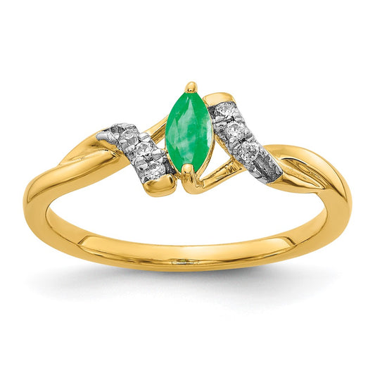 14K Yellow Gold Real Diamond and Marquise Emerald Ring
