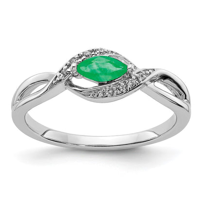 14k White Gold Real Diamond and Marquise Emerald Ring