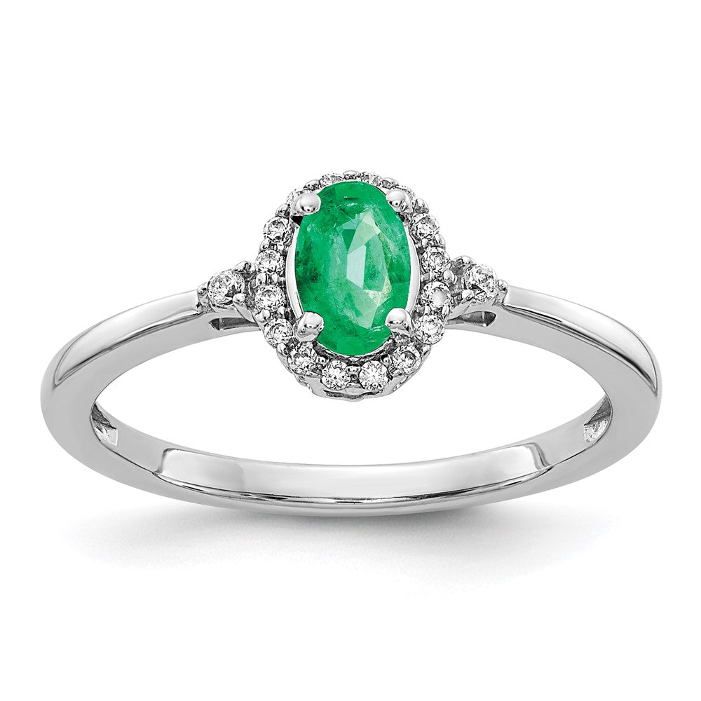 14k White Gold Oval Emerald and Real Diamond Halo Ring