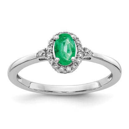 14k White Gold Oval Emerald and Real Diamond Halo Ring