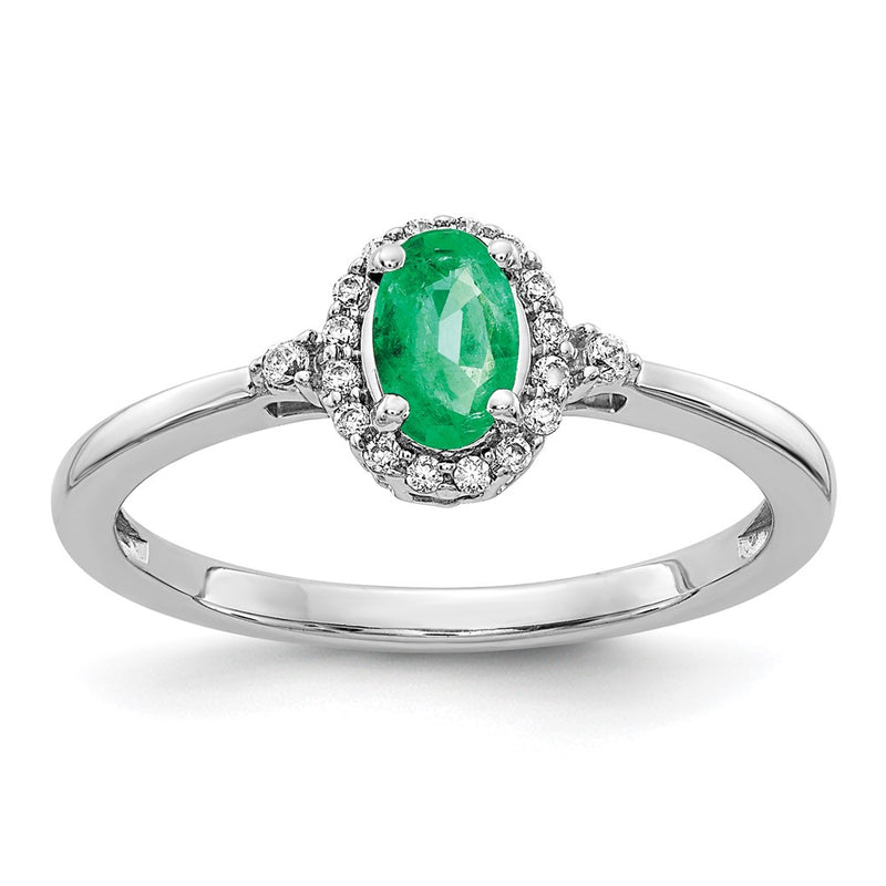14k White Gold Oval Emerald and Real Diamond Halo Ring