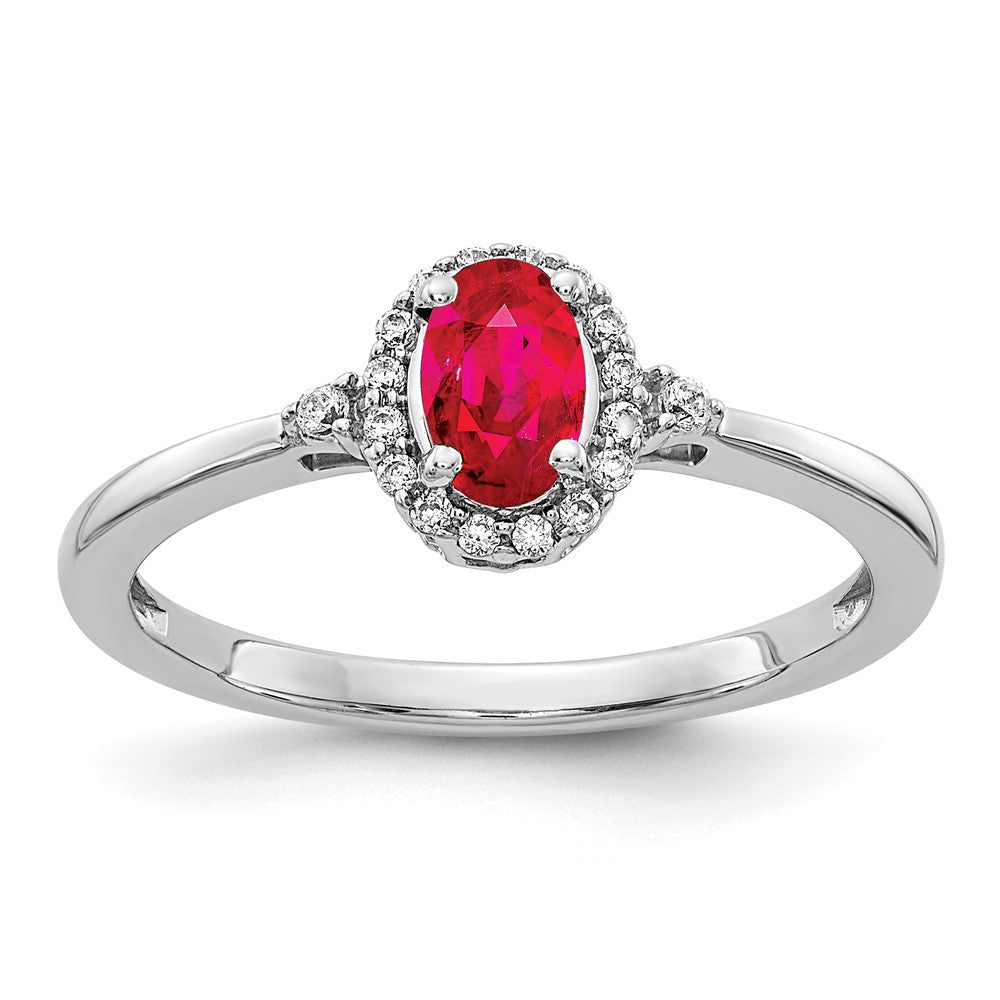 14k White Gold Oval Ruby and Real Diamond Halo Ring