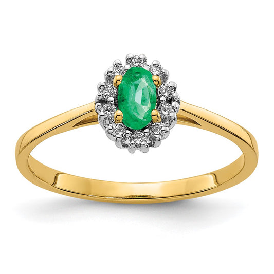 14K Yellow Gold Real Diamond and Oval Emerald Halo Ring