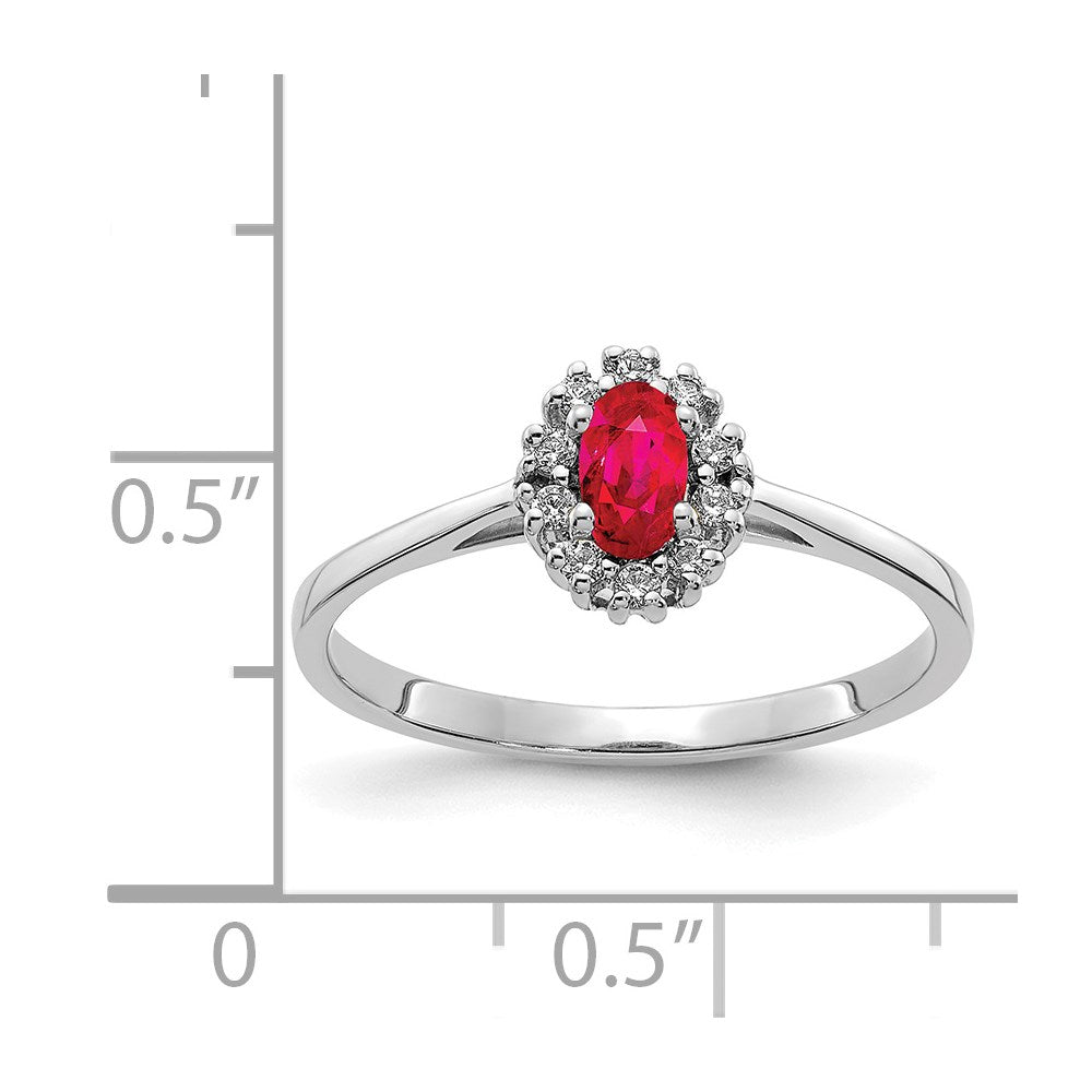 Solid 14k White Gold Simulated CZ and Oval Ruby Halo Ring